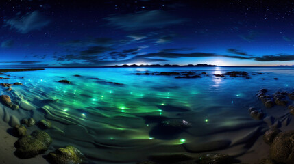 Fototapeta na wymiar Beach at night with bioluminescent plankton