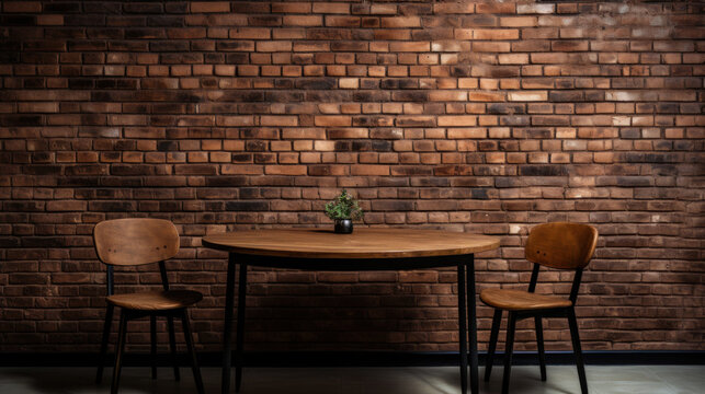 Two chairs and a table in a cafe on a red brick wall.