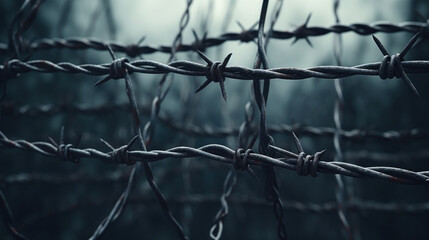 Barbed prison wire on dark blue background