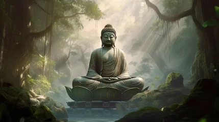 Tuinposter Hindu ancient religious buddha statue in dense tropical forest jungle. © Serhii