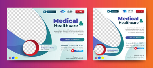 Medical Health Conference live webinar banner invitation and social media post template. Healthcare webinar invitation design.