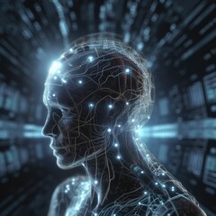 Fototapeta premium AI tech humanoid robotics brain with digital wires and cables