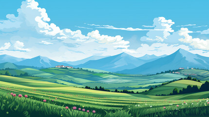 丘の中腹に広がる縞模様の農地、遠景には山々、青い空と白い雲 - obrazy, fototapety, plakaty