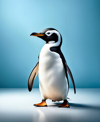 Fototapeta premium Pingouin, manchot debout isolé sur fond uni bleu - IA générative