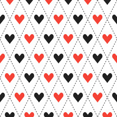 Red and black argyle pattern with heart inside. Argyle vector pattern. Argyle pattern. Seamless geometric pattern for clothing, wrapping paper, backdrop, background, gift card, sweater.