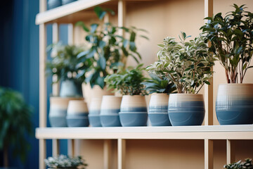 Shelves with plants in a flower shop, bokeh, with empty copy space