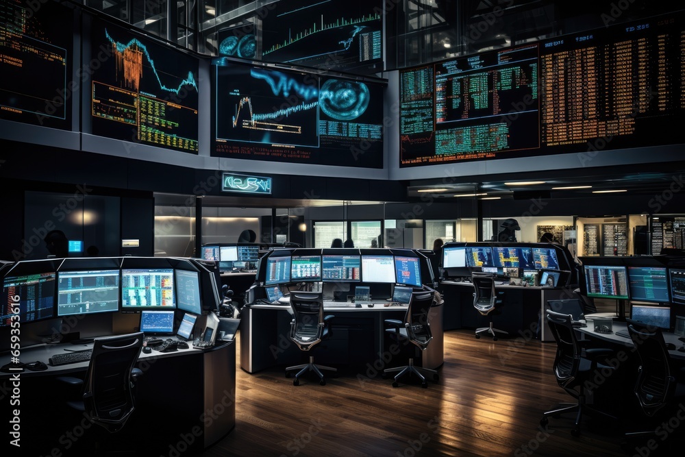 Poster stock exchange trading room with computers and stock market data on screen, bustling trading floor w