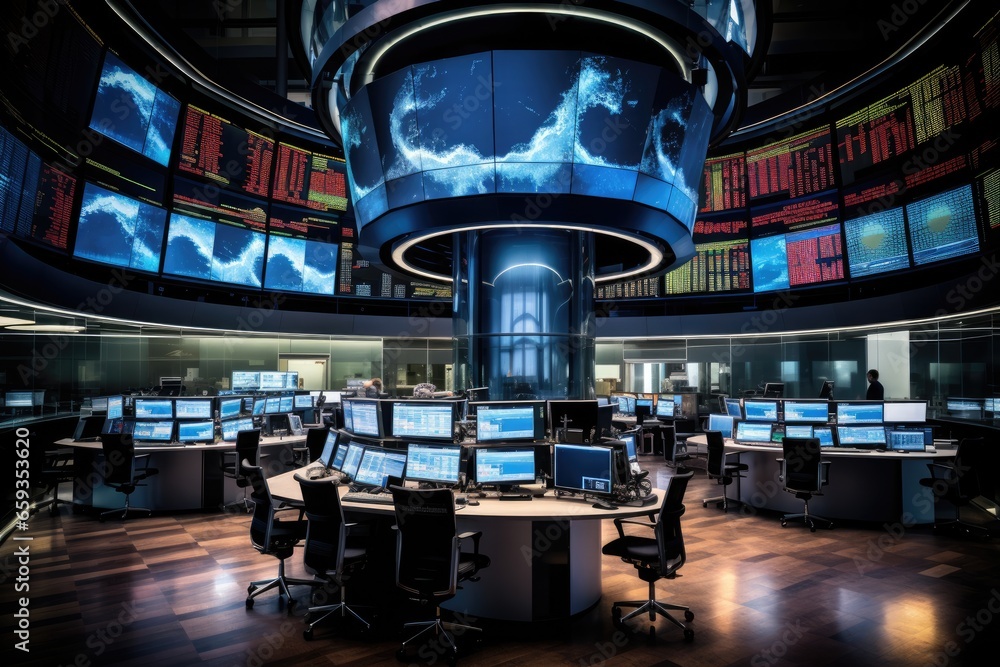 Poster interior of modern office with computers and monitors. 3d rendering, bustling trading floor with mul