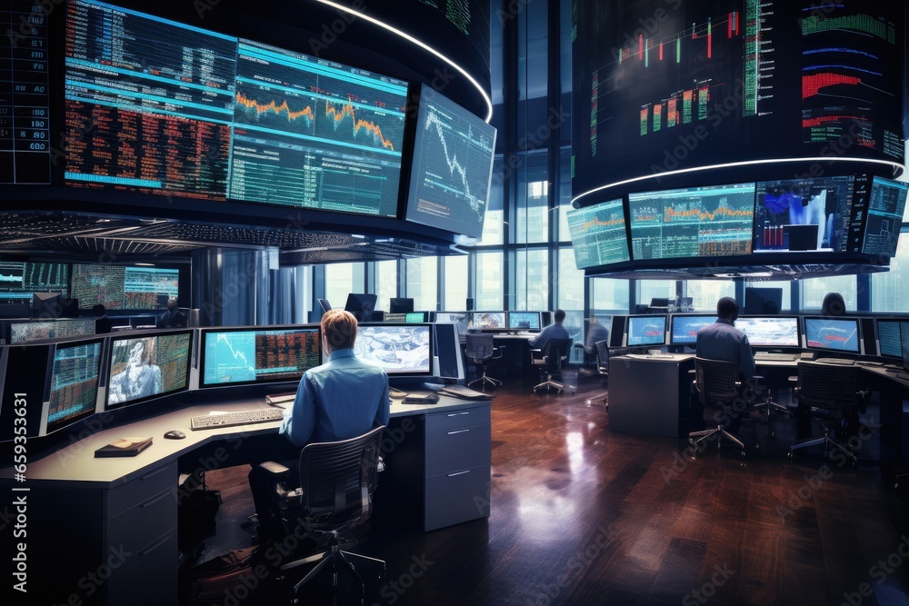 Poster businessman analyzing stock market data on computer monitor in the office, bustling trading floor wi