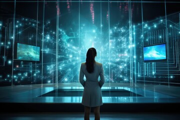 Rear view of businesswoman looking at media screen against futuristic room, Businesswoman standing in front of a digital big screen hologram showing business data, rear view, AI Generated