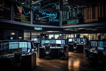 Stock exchange trading room with computers and stock market data on screen, Bustling trading floor with multiple monitors displaying real - time financial data and stock market, AI Generated