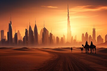 Silhouette of camel in the desert with Dubai city in the background, Camel caravan on sand dunes on Arabian desert with Dubai skyline at sunset, AI Generated - obrazy, fototapety, plakaty