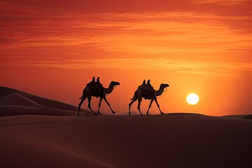 Fototapeta na wymiar Camel caravan in the Sahara desert at sunset. 3d rendering, Camel caravan on sand dunes on Arabian desert with Dubai skyline at sunset, AI Generated