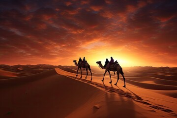 Camel caravan in the Sahara desert at sunset, 3d render, Camel caravan on sand dunes on Arabian desert with Dubai skyline at sunset, AI Generated