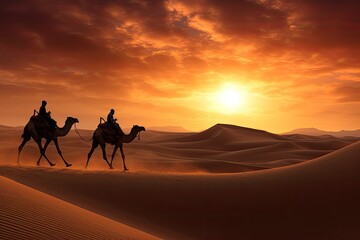 Camel caravan in the desert at sunset. 3d illustration, Camel caravan on sand dunes on Arabian desert with Dubai skyline at sunset, AI Generated - obrazy, fototapety, plakaty