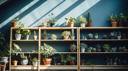 Fototapeta premium Shelves with plants in a flower shop, bokeh, with empty copy space