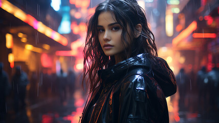 Obraz premium Vibrant and colourful Cyberpunk female character, blurry background with lights.