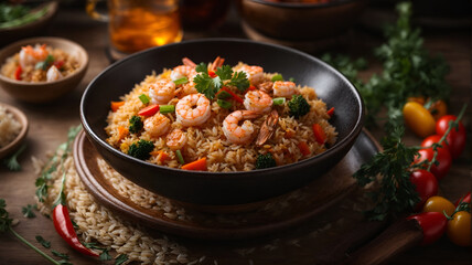 Photo fried rice  from rice shrimp with tomatoes, carrots and scallions meatballs with spicy spices processed by frying