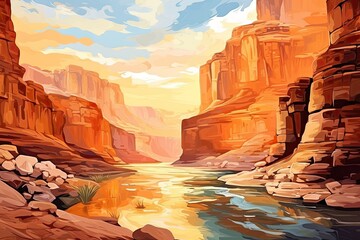 Illustration of a beautiful sunset over a river in the desert, Canyon with a river between the rocks at dawn time. Post-impressionism style pictur, AI Generated