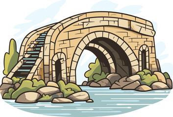 Old stone footbridge over river vector in cartoon style