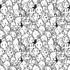 Vector seamless pattern with mischievous floating ghosts with grins, pumpkins, a hanging bat and a skull on a tombstone. A repeating background with a fun Halloween spirit with childish cute elements.