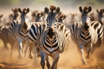 a herd of zebras running across a dusty field - obrazy, fototapety, plakaty