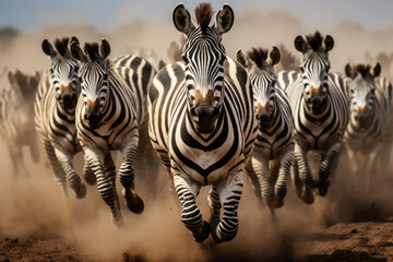a herd of zebras running across a dusty field