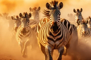 Foto op Aluminium a herd of zebras running across a dusty field © Kien