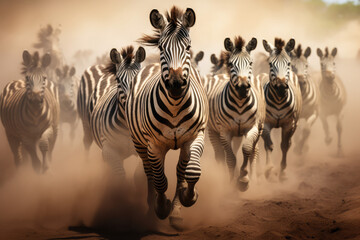 a herd of zebras running across a dusty field - obrazy, fototapety, plakaty