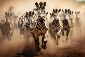 Poster a herd of zebras running across a dusty field © Kien