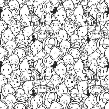 Vector seamless pattern with mischievous floating ghosts with grins, pumpkins, a hanging bat and a skull on a tombstone. A repeating background with a fun Halloween spirit with childish cute elements.