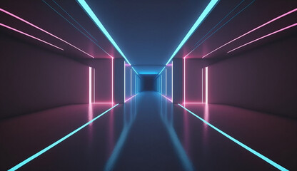 neon cyber space room in virtual world space view new quality universal colorful technology stock image illustration design, generative ai