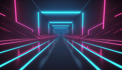 neon cyber space room in virtual world space view new quality universal colorful technology stock image illustration design, generative ai