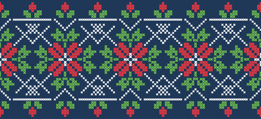 Motif Christmas ethnic handmade beautiful Ikat art. Xmas background. folk embroidery Christmas pattern, Ikat art ornament print. red, green, blue colors. Holly, Mistletoe, poinsettia design.