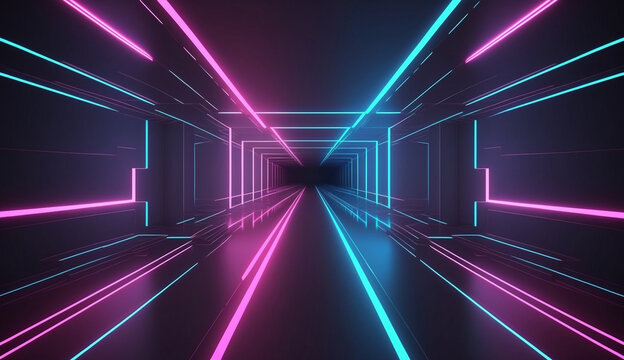 neon cyber space room in virtual world space view new quality universal colorful technology stock image illustration design, generative ai