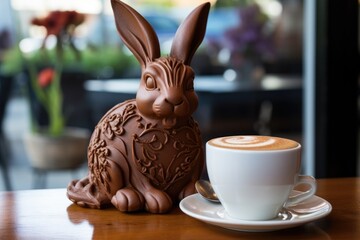 Coffee cup with chocolate bunny on wooden table in coffee shop, Chocolate easter bunny sitting...
