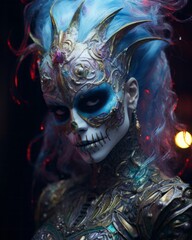 A psychedelic, halloween-inspired woman stands adorned in a striking masque and clothing, her expression conveying a mysterious horror