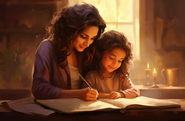 A mother doing homework with her daughter