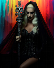 A psychedelic vision of halloween fashion fills the room as a mysterious woman stands tall in a sleek black dress, confidently holding a shimmering scepter of power