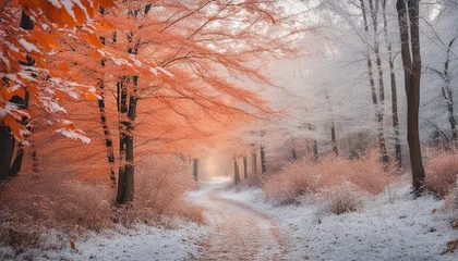 Foto op Aluminium Beautiful colorful nature with bright orange leaves covered with frost in late autumn or early winter © richard