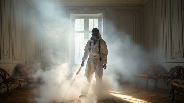 un homme en combinaison projette de la vapeur sur un parquet pour d&eacute;truire des punaises de lit