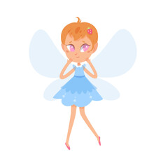Cute fairy girl, fairytale princess character with blue butterfly wings and dress flying