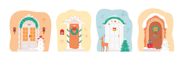 Christmas front house doors collection decorated for holiday. Traditional xmas georgian winter home decoration with wreath, garland, deer, gifts. Flat vector illustration isolated on white background - obrazy, fototapety, plakaty