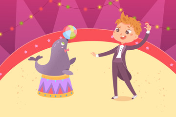 Circus characters perform juggling show vector illustration. Cartoon isolated cute seal juggler playing ball on podium and trainer in vintage tuxedo, carnival performance of animal and funny boy