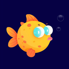 Tropical gold, cute orange dragoneye goldfish character with big eyes, tail and fins