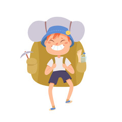 Kid with a backpack on camping trip. Outdoor adventure scene vector illustration. Cute school funny student on summer vacation