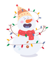 Cute snowman with colorful garland from Christmas Tree, happy character with funny face