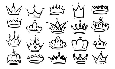 Doodle crowns linear icons set. Line art king or queen crown sketch. Royal head accessories collection. Fellow crowned heads tiara, diadem and luxurious decals vector illustration hand drawn doodles