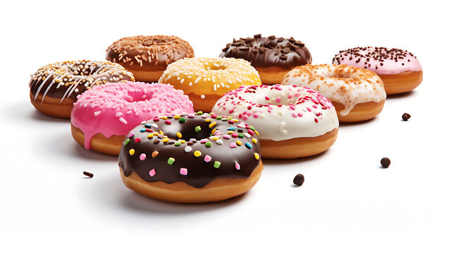 realistic advertisement image for delightful donuts. Showcase an assortment of freshly glazed and sprinkled donuts, each with a glossy and enticing appearance.