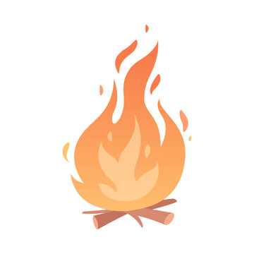 Burning bonfire with wood isolate on white. Fire or campfire icon. Fireplace for warming, cooking in forest camp. Touristic symbol. Hiking and trekking adventure design. Vector illustration